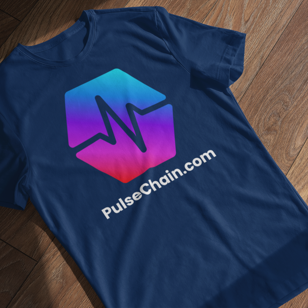 Premium Deep blue unisex t-shirt printed with Pulsechain logo, displayed on a wooden surface