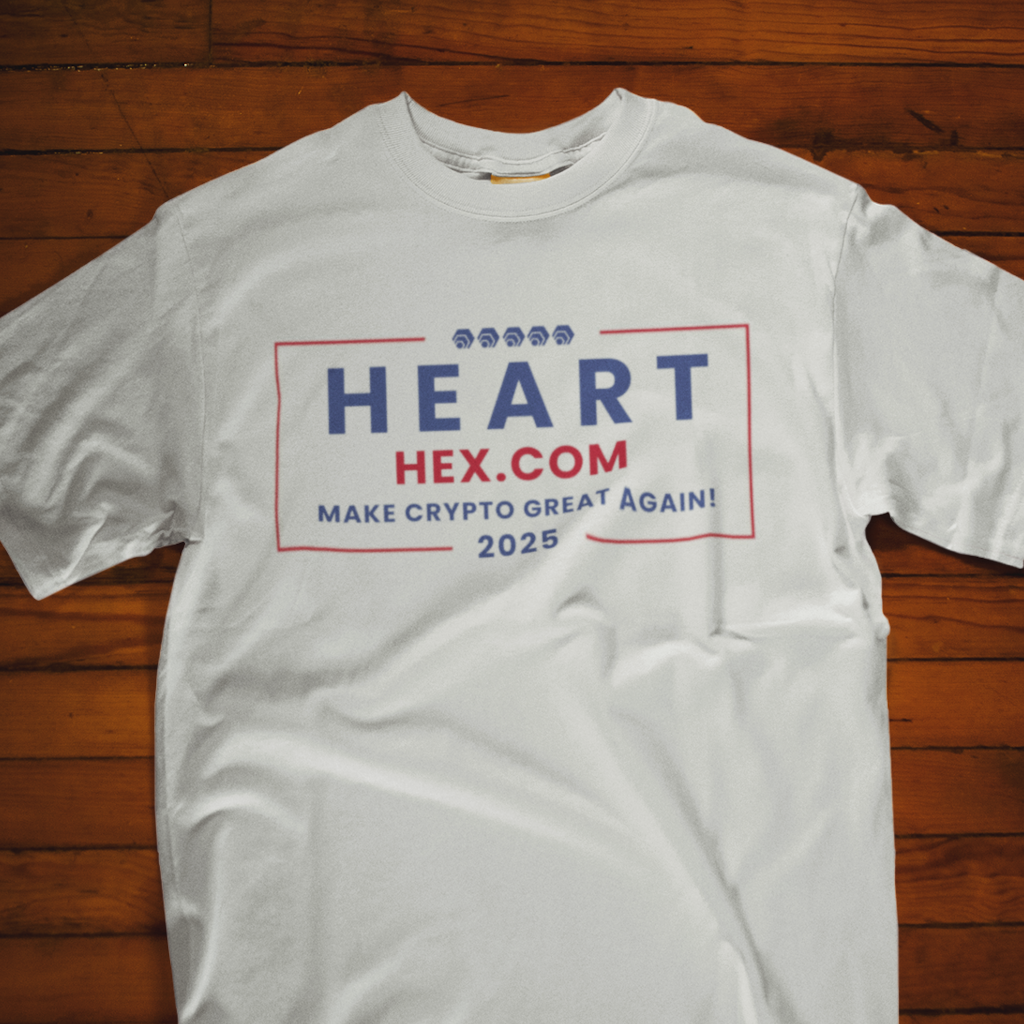 White t-shirt with a campaign-style design featuring &#39;HEART HEX.COM,&#39; Make Crypto Great Again!&#39; and &#39;2025&#39; in red &amp; blue text