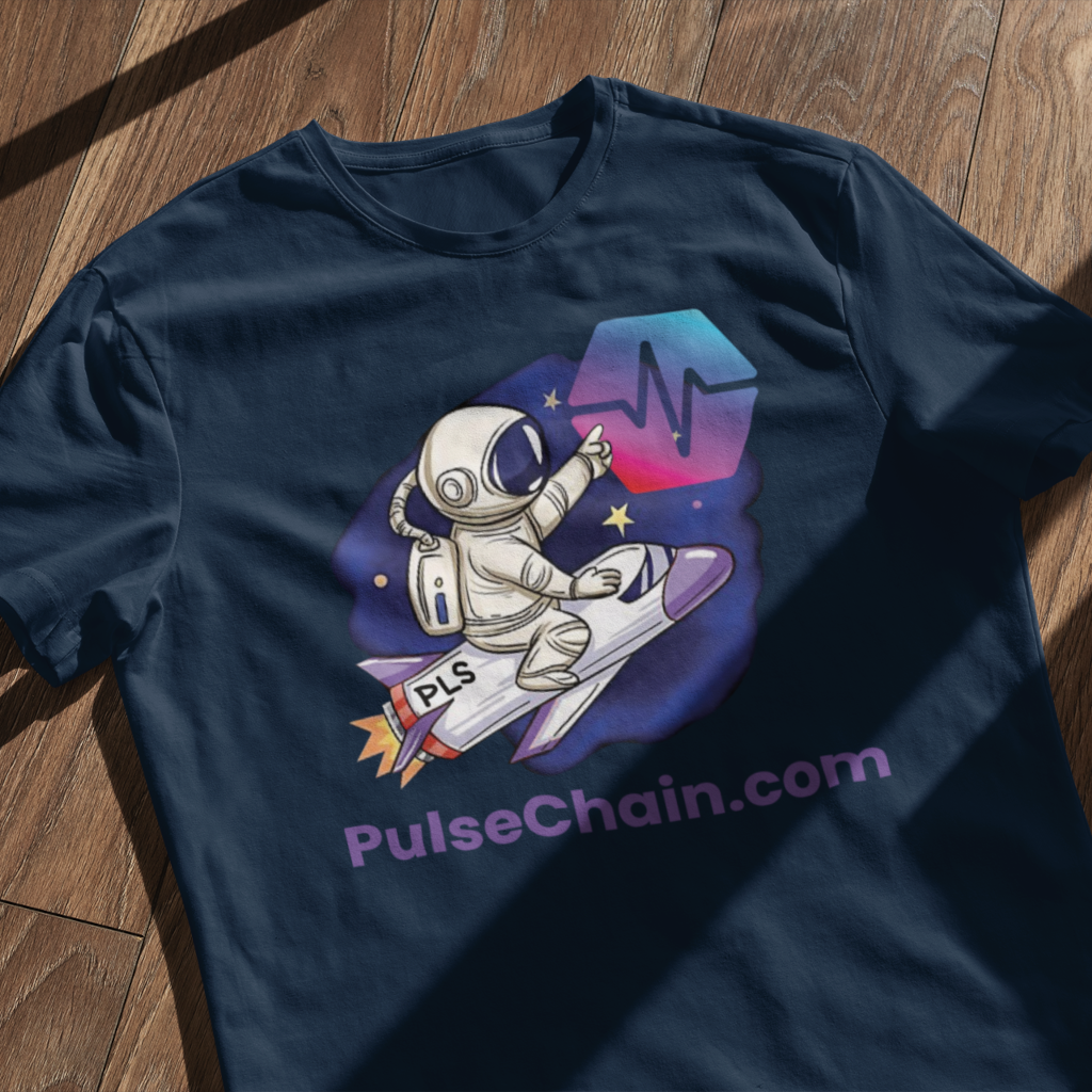 Premium blue unisex t-shirt featuring an animated astronaut riding a rocket and touching the pulsechain logo