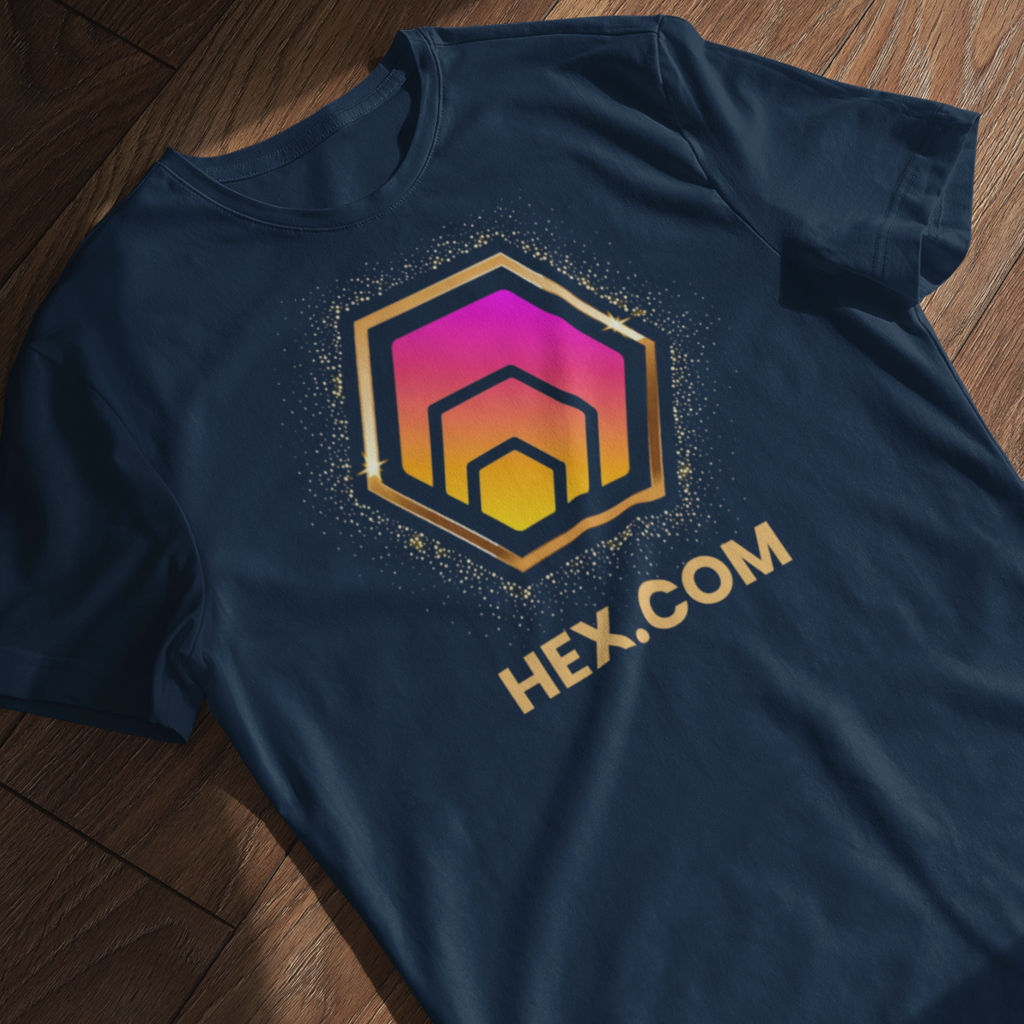 Premium dark blue unisex t-shirt printed with golden hex logo, displayed over a wooden surface