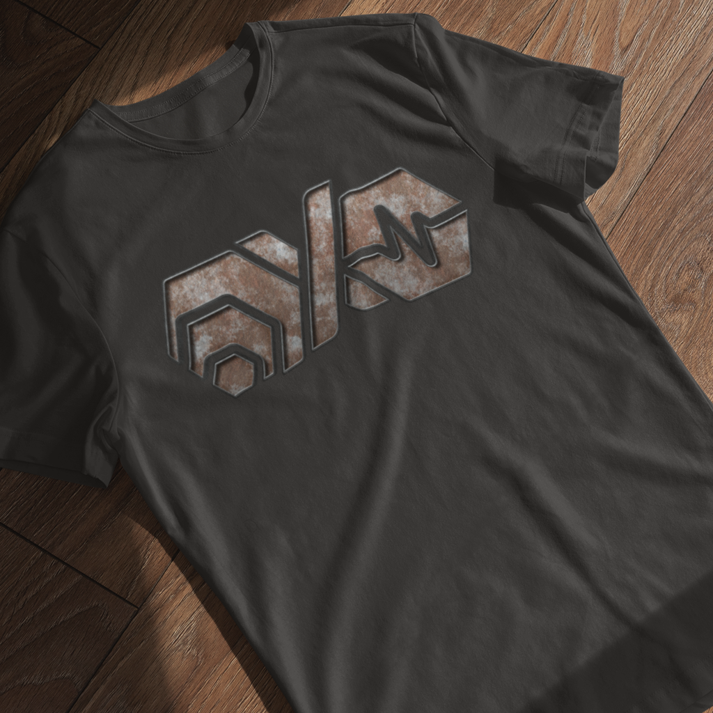 Premium quality dark gray unisex t-shirt featuring the PulseChain, Hex, &amp; PulseX trinity logo, displayed on a wooden surface