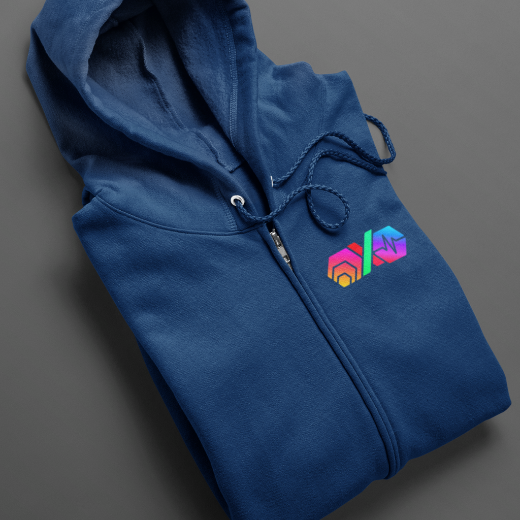 Premium deep blue zip up hoodie featuring the PulseChain, Hex, and PulseX trinity logo, displayed on a grey background.