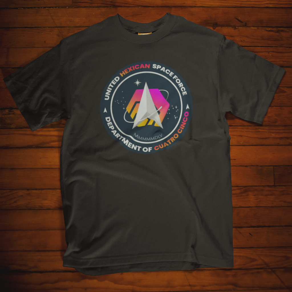 Dark gray unisex Hex t-shirt with a colorful &#39;United Xexican Space Force&#39; logo featuring a rocket and space-themed design