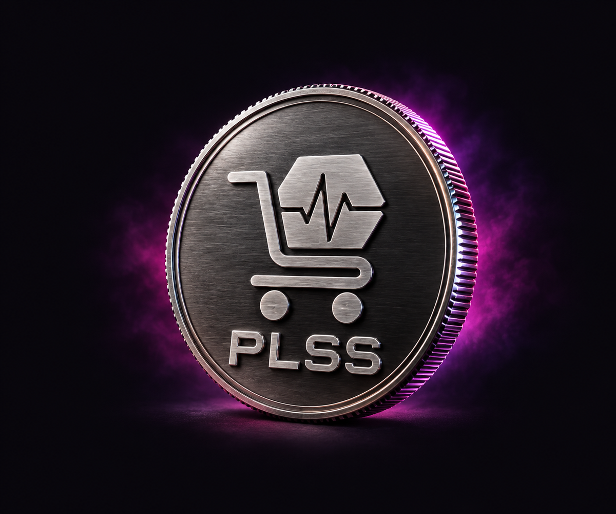 Gunmetal PLSS coin with a silver shopping-cart emblem and PLSS lettering, surrounded by a soft violet glow